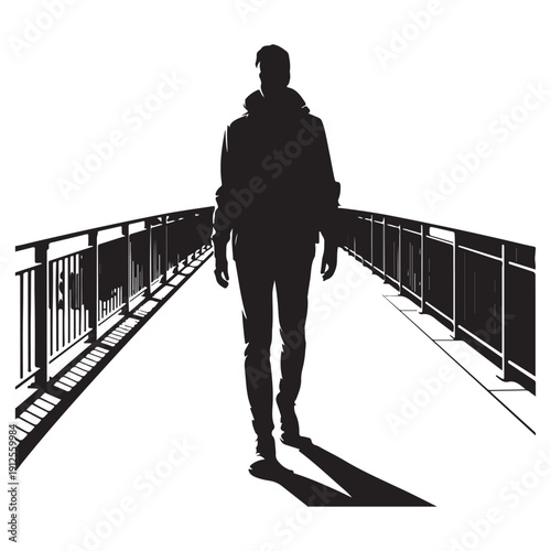 Man silhouette walking alone on pedestrian bridge with long shadow and perspective view of metal railings isolated on transparent background design