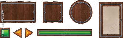 Wooden game ui kit with pirate theme buttons banners vector