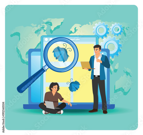 Beta Testing. Global Tech Team Analyzing Bugs and Data on Laptop and Tablet with Magnifying Glass.