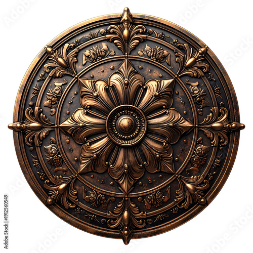 Vintage bronze ornate ceiling medallion with intricate floral patterns and classic baroque style craftsmanship