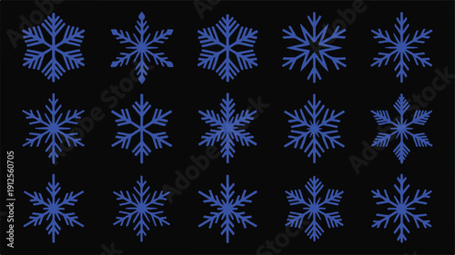 Collection of Blue Snowflakes on a Black Background