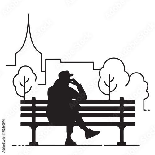 Silhouette of a man sitting alone on park bench, contemplating, with stylized trees and city skyline in background, conveying solitude and thought