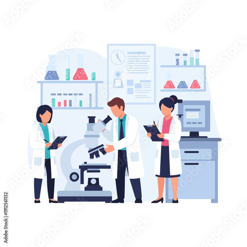 Scientists working in a modern laboratory with microscope and computer