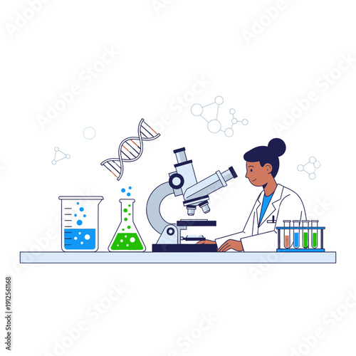 Scientist looking through microscope with DNA and lab equipment, science research concept
