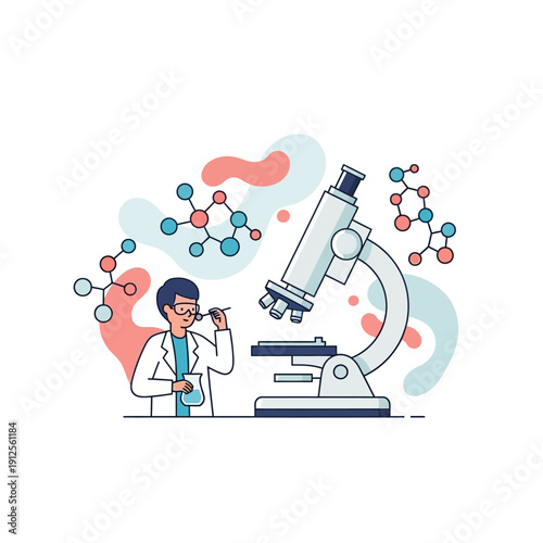 Scientist examining molecules with microscope, research and discovery concept