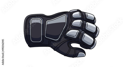 Dynamic illustration of a robust black and grey protective sports glove, clenched into a powerful fist, conveying strength, readiness, and advanced impact resistance for active pursuits