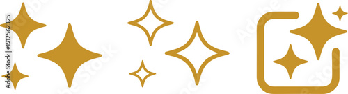 Sparkle Star Icons Vector Set, Golden Shining Glow and Highlight Symbols Collection, Magic Shine Effect Flat Illustration
