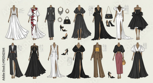 A vector graphic illustration of various fashion designs and accessories for men and women