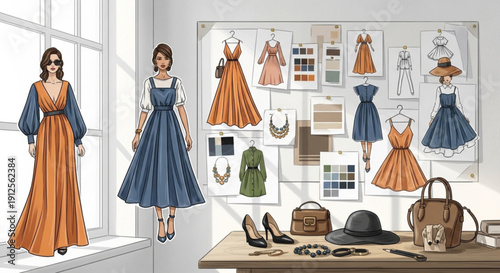 A fashion designer's workspace with sketches of dresses and accessories on a table