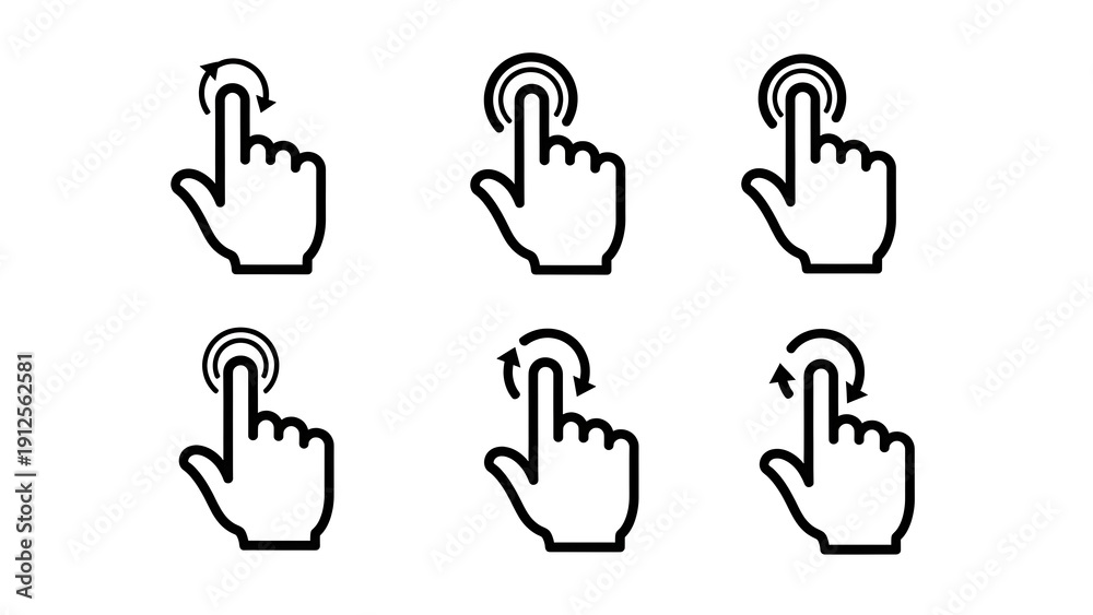 Obraz premium Six black and white hand icons pointing to cursors on a white background