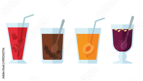 Traditional Ramadan Juice and Drink Icon Set, Hibiscus Tamarind Apricot Jallab Collection Illustration