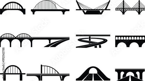 Bridge silhouettes collection featuring arch, suspension, cable stayed, highway, and modern bridge designs, civil engineering infrastructure illustration for transportation and urban development