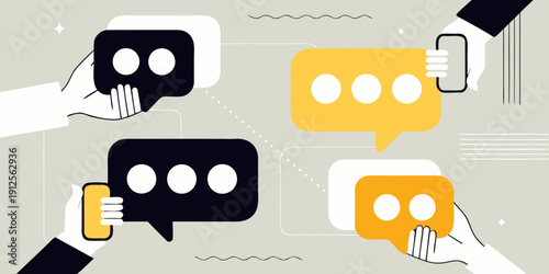 Hands exchanging speech bubbles communication and connection concept illustration