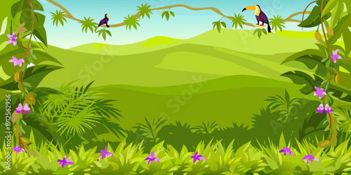 Tropical rainforest scene with toucans perched on branches and lush greenery