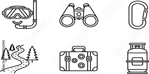 Travel and Outdoor Adventure Line Icons Set featuring Diving Mask, Binoculars, Carabiner, Forest Hiking Path, Vintage Suitcase, and Gas Cylinder.Travel and Outdoor Adventure Line 