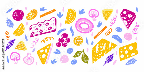 Colorful hand drawn illustration of various food items and leafy greens