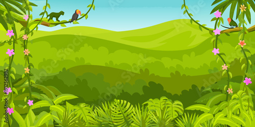 Lush jungle scene with a monkey birds and vibrant green foliage