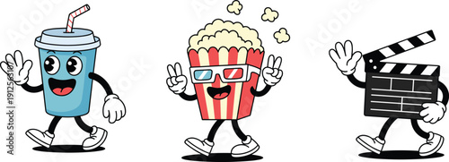 Cheerful cartoon cinema characters including soda cup, popcorn bucket with 3D glasses, and clapperboard walking together, fun movie theater entertainment illustration