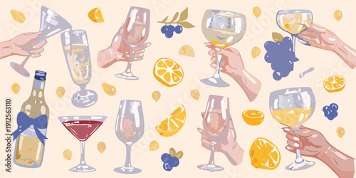 A celebratory illustration featuring hands raising glasses of champagne and wine