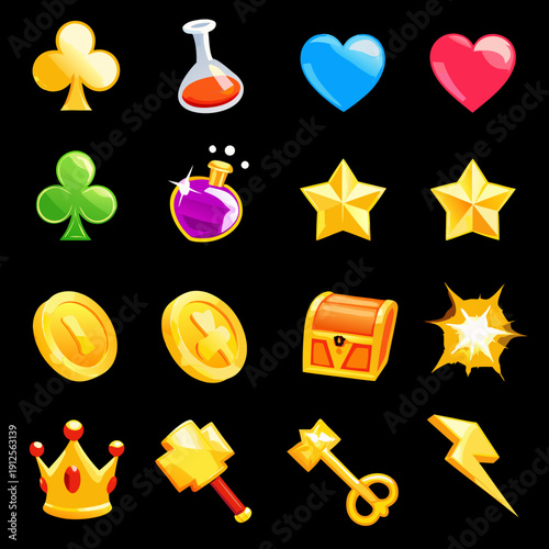 Colorful collection of fantasy game icons on a black background