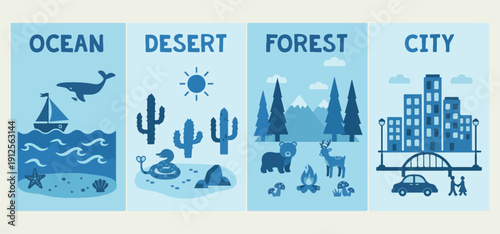 Desert Forest Nature Hexagon Badge Set, Cactus Tree Landscape Vector Sticker, Outdoor Adventure Emblem Clipart Collection, Night Day Scene Illustration Pack, Wildlife Habitat Icon Elements, Nature The