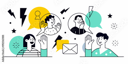 People communicating and sharing ideas with digital speech bubbles