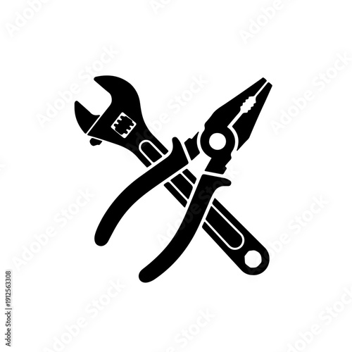 icon featuring crossed pliers and an adjustable wrench in an X-shape. A classic symbol for maintenance, technical support, hardware repair services, and industrial workshops