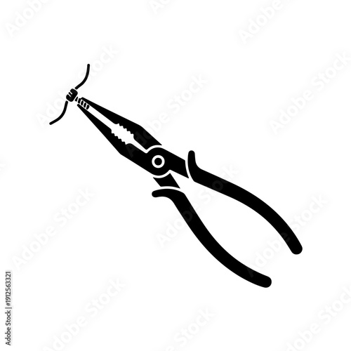 Minimalist black and white icon of long nose pliers featuring slender, tapered jaws for precision work. Clean vector illustration ideal for electrical, jewelry making, and fine repair service designs