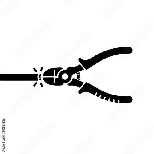 vector icon of diagonal cutters in action, cutting through an electrical wire. A dynamic flat design representing electrical work, wire stripping, and maintenance services