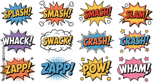 Comic Sound Effect Speech Bubble Illustration Set Featuring Splash Smash Crash Pow Wham Text In Colorful Pop Art Cartoon Style For Comics And Design