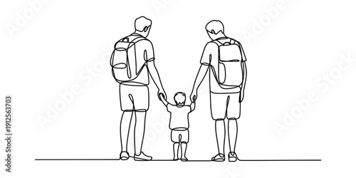 Line art illustration of a family with two fathers and a child holding hands during a hike or trip. Vector, illustration