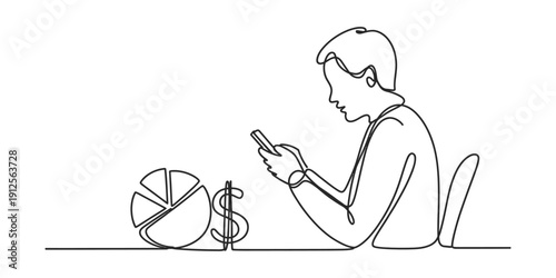 Continuous line drawing of a businessman analyzing financial data on his smartphone at a desk Vector, illustration