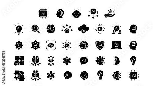 A detailed icon collection illustrating AI, automation, machine learning, and smart systems.