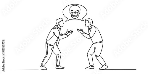Continuous line drawing of two businessmen having a toxic argument with a skull icon in speech bubble Vector, illustration
