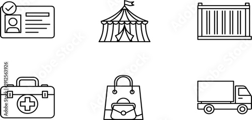 Logistics and Healthcare Icon Set Featuring Shipping Container Delivery Truck Medical First Aid Kit Circus Tent Shopping Bag and IDLogistics and Healthcare Icon Set 