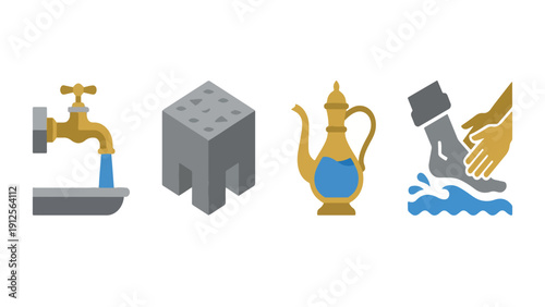 Islamic Ablution Wudhu Area and Water Tap Icon Set, Mosque Washing Ritual Faucet Pitcher Collection Illustration