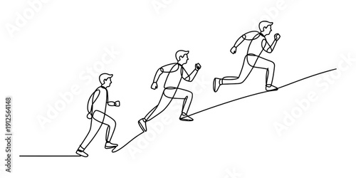 Continuous line drawing of three male athletes running up a steep hill in sequence. Vector, illustration