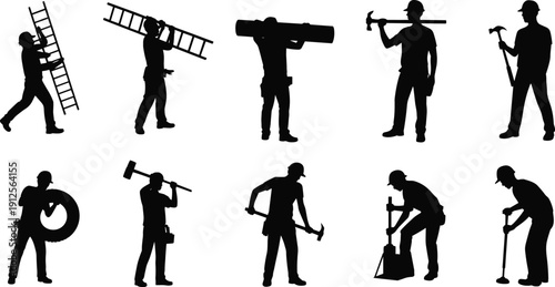 Construction Worker Silhouette Set With Ladders, Tools And Equipment Showing Manual Labor Activities, Industrial Jobs, Building Trades And Workforce Concepts