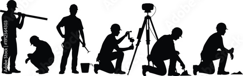 Construction worker silhouettes set illustrating surveying, measuring, tool usage, and on-site labor activities for engineering and building industry concepts