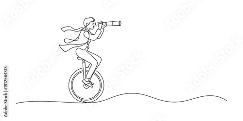 Businessman riding a unicycle while looking through a telescope for future opportunities. Vector, illustration