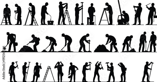 Construction worker silhouettes set showing men walking and pushing wheelbarrows, carrying tools and materials, industrial labor illustration for building, maintenance, and work concepts
