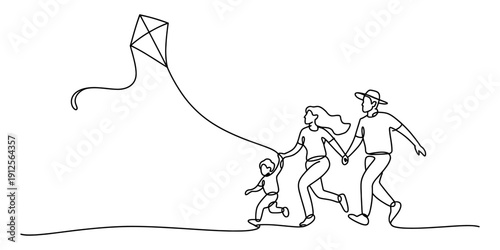 One line drawing of a happy family running together and flying a kite in the sky Vector, illustration