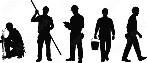 Construction worker silhouettes collection showing builders, technicians, and laborers with tools for industrial workforce, engineering, and building industry concepts