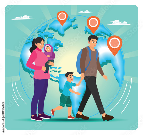 Refugees, Family Travel Around The World With Pins And Explorer Spirit For Global Adventure.