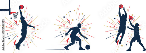 Dynamic silhouettes of basketball players in action, dribbling and shooting, surrounded by vibrant motion lines and abstract shapes