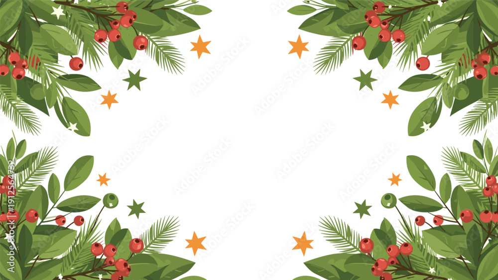 Fototapeta premium Elegant Christmas frame made of green leaves pine branches and red berries with orange stars for festive holiday designs.