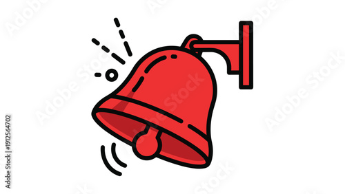 Classic red alarm bell mounted on a wall with motion lines indicating its loud and urgent ringing sound for alerts.