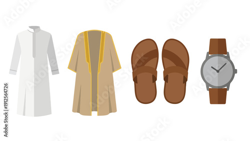 Muslim Men Eid Fashion Clothing Icon Set, Thobe Jubba Bisht Sandal Watch Collection Illustration