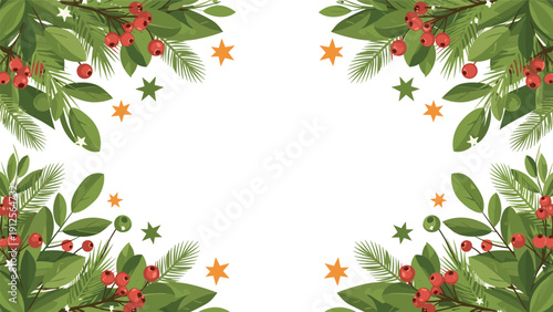 Elegant Christmas frame made of green leaves pine branches and red berries with orange stars for festive holiday designs.