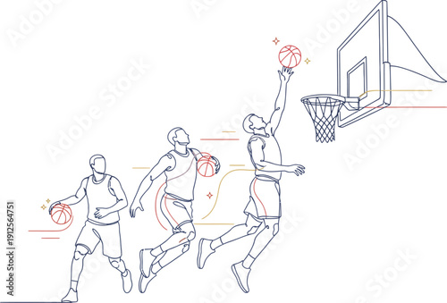 Basketball players in action, jumping and dunking, playing on a basketball court with a hoop and backboard, depicted in a dynamic illustration